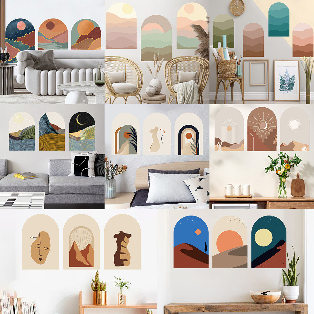 สติ๊กเกอร์ติดผนัง Arch Nordic Morandi นามธรรมมีกาวในตัวตกแต่งห้องนอน