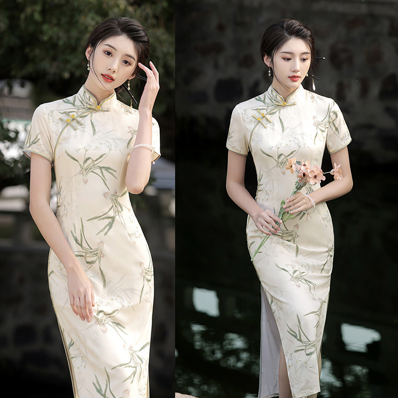 คุณภาพสูง Amoi สไตล์จีนปรับปรุงสไตล์จีน cheongsam ที่เรียบง่ายและสง่างามฤดูร้อนรุ่นใหม่น้ำหนักเบาสาวเข้ารูปยาวม้าฉันชอบเข็ม pqjs