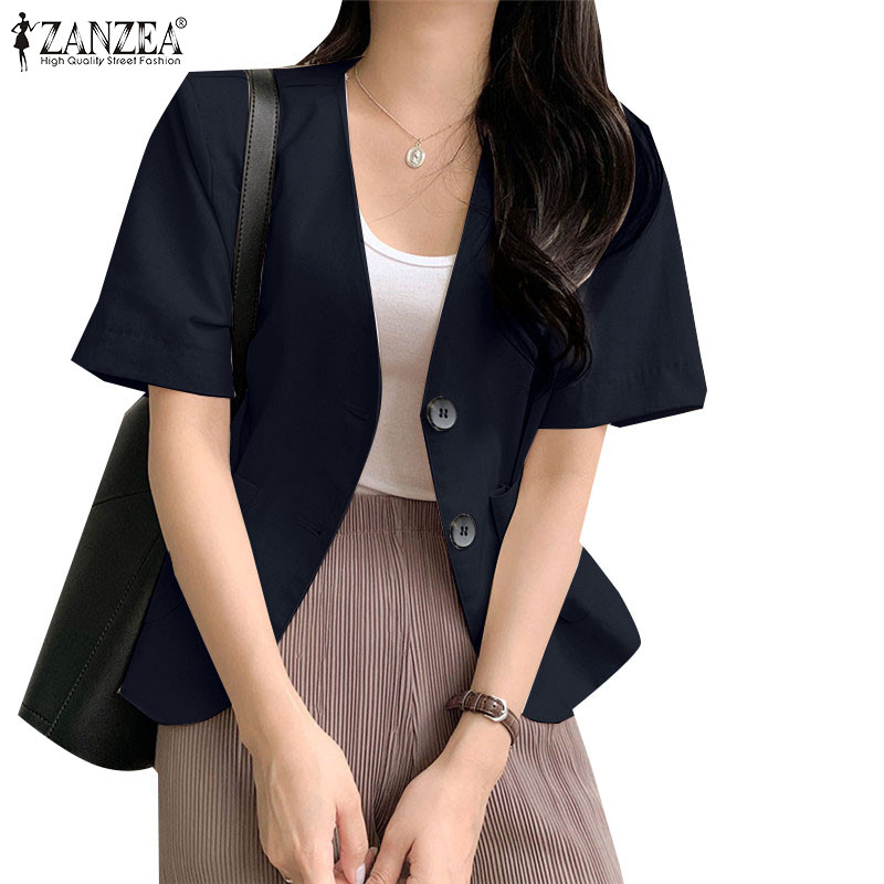 ZANZEA ใส่ ซานเซีย ผู้หญิงแฟชั่นเกาหลีคอวีปุ่มขึ้นแขนสั้นกระเป๋า ไม่มีปก เสื้อสูทสั้นเสื้อคลุม