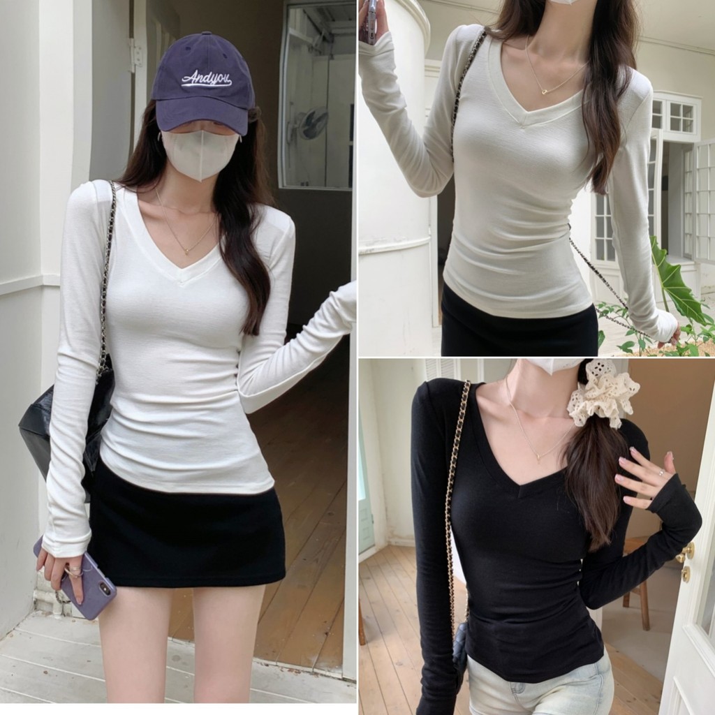 cherryshop พร้อมส่ง เสื้อยืดคอวีแขนยาวผู้หญิงสไตล์เกาหลีเรียบง่าย สไตล์สลิมฟิต ผ้ายืด นิ่ม เซ็กซี่ เผยหุ่นสวย