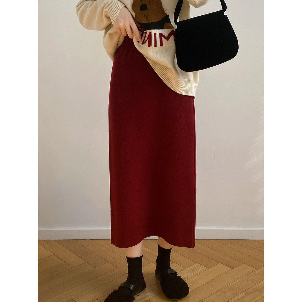 ซูซี ย้อนยุคสีทึบเรียบง่ายหวานฤดูใบไม้ร่วงสไตล์ใหม่สบายๆหรูหราเอวสูงผู้หญิงกลางยาวถักกระโปรงทรงเอ 240909 - รูปที่ 7