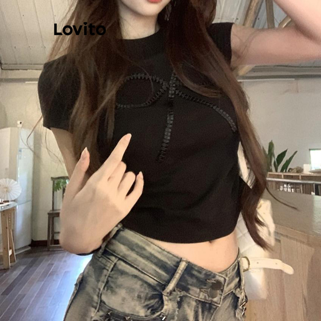 Lovito เสื้อยืดผู้หญิง แต่งโบว์ สีพื้น สไตล์ลำลอง LNA67277