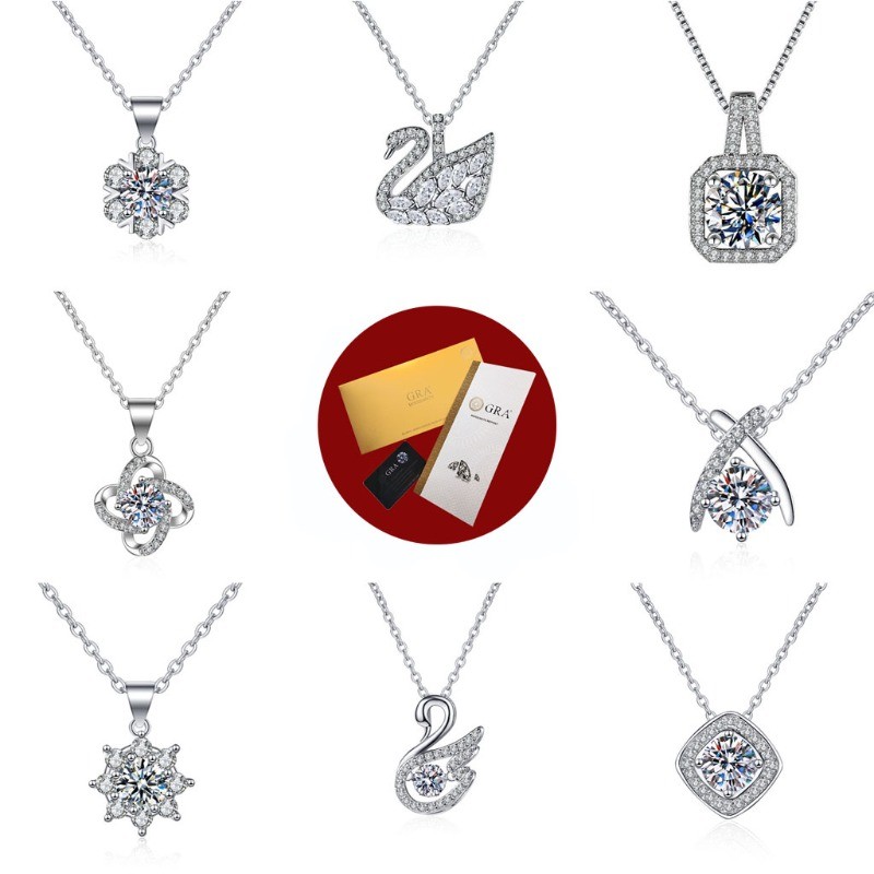 (พร้อมใบรับรอง Gra) S925 จี้ Moissanite เงินสร้อยคอเพชรสีขาวหรูหราโซ่กระดูกไหปลาร้ายาว