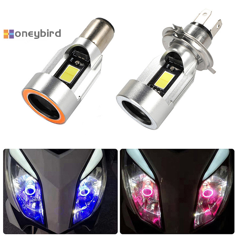 Honeybird หลอดไฟ H4 BA20D สีฟ้า/สีแดง Angel Eye LED ไฟหน้ารถจักรยานยนต์สกู๊ตเตอร์ไฟหน้ารถมอเตอร์ไซด์หลอดไฟ DRL รถจักรยานยนต์อุปกรณ์เสริม Nice