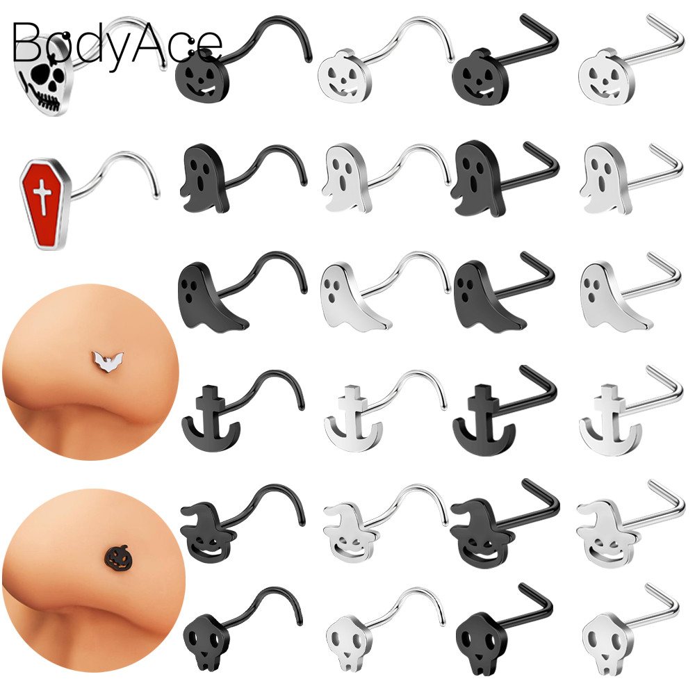 Bodyace 1 Pc 20G สแตนเลสสตีลจมูก L Rod จมูกเจาะปาล์ม Nostrail เจาะหมวกเจาะ Punk Body เครื่องประดับ