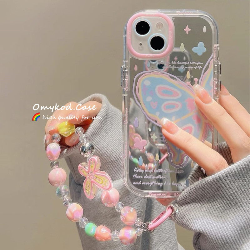 Case+Chain For Samsung A05 A05S A15 A14 A13 A12 A55 A54 A51 A35 A34 A32 A25 A24 A03 A02S S23FE S24 Ultra Colorful Diverse Butterfly Advanced Minimalist Mirror Phone Case Anti Drop Protective Back Cover