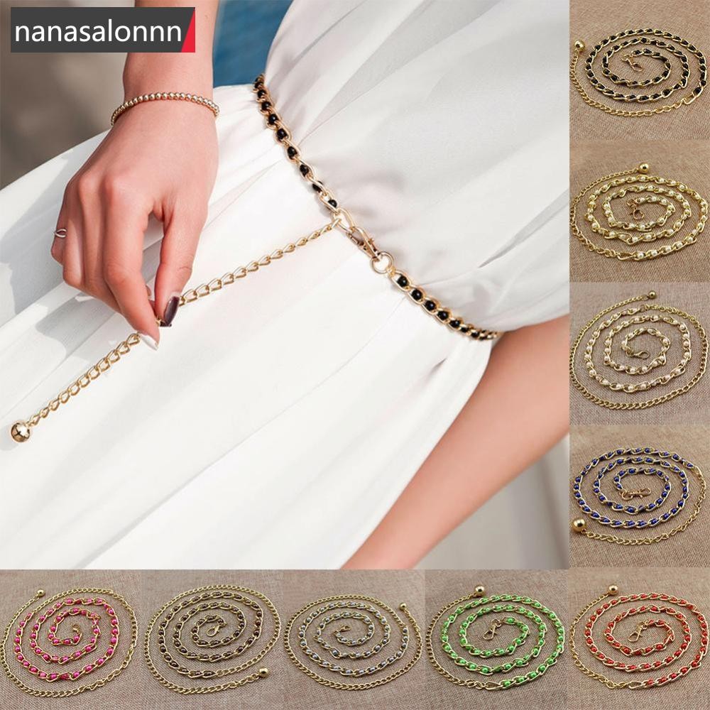 Nanasn| ผู้หญิงแฟชั่นเลียนแบบมุกเอวโซ่หญิงมะกอกบางเข็มขัดสุภาพสตรีชุดอุปกรณ์เสริม ง6ที9