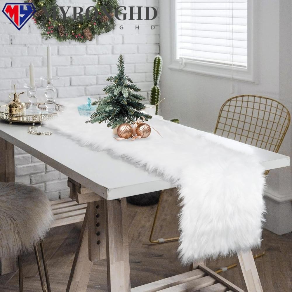 Myronghd ผ้าปูโต๊ะขนสัตว์เทียม, Dinning Table Decor เทศกาลธีมวันหยุดสีขาวตาราง Runner, คุณภาพสูง 183x37 ซม.นุ่ม Shaggy Christmas Table Runner เตียง