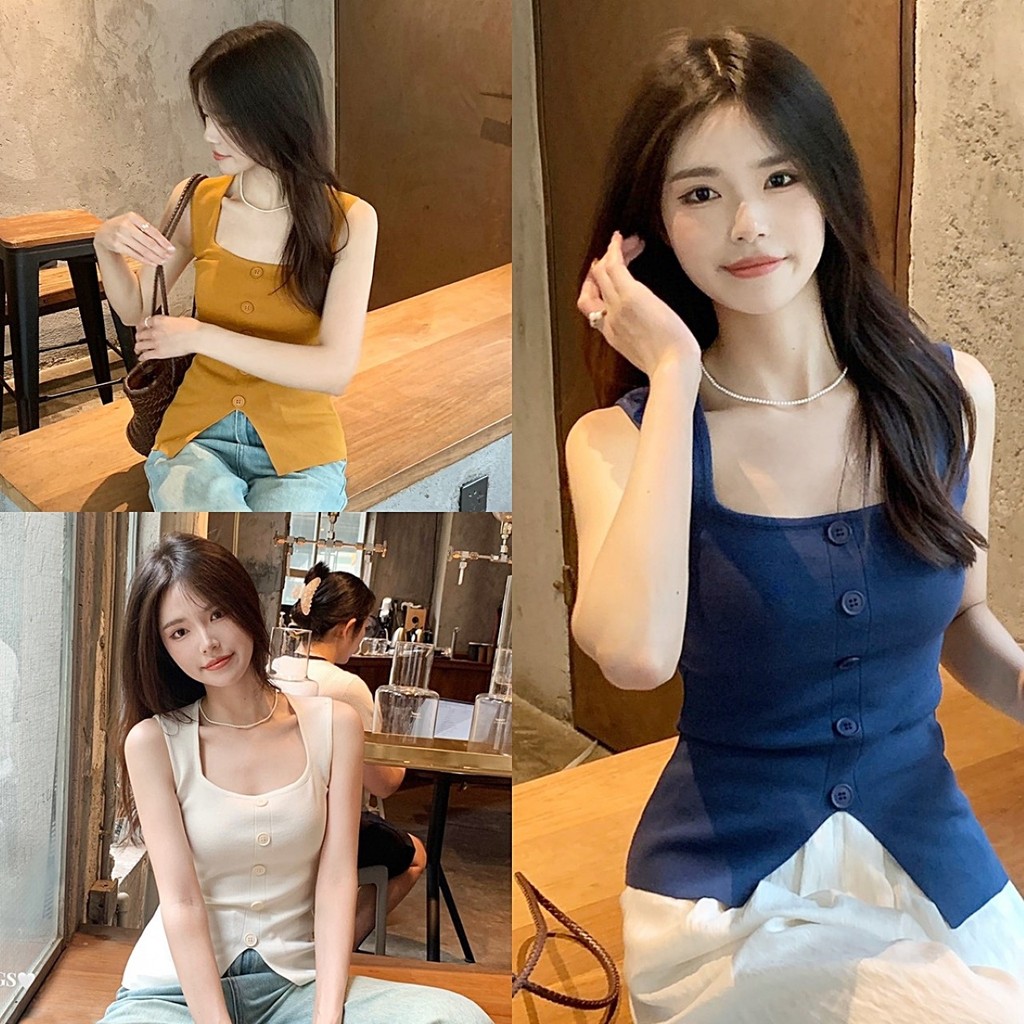 ราคาถูกที่สุด เสื้อกล้ามไหมพรม แต่งกระดุมหน้า แต่งชายผ่า คอกว้างสวยๆ 4 สี