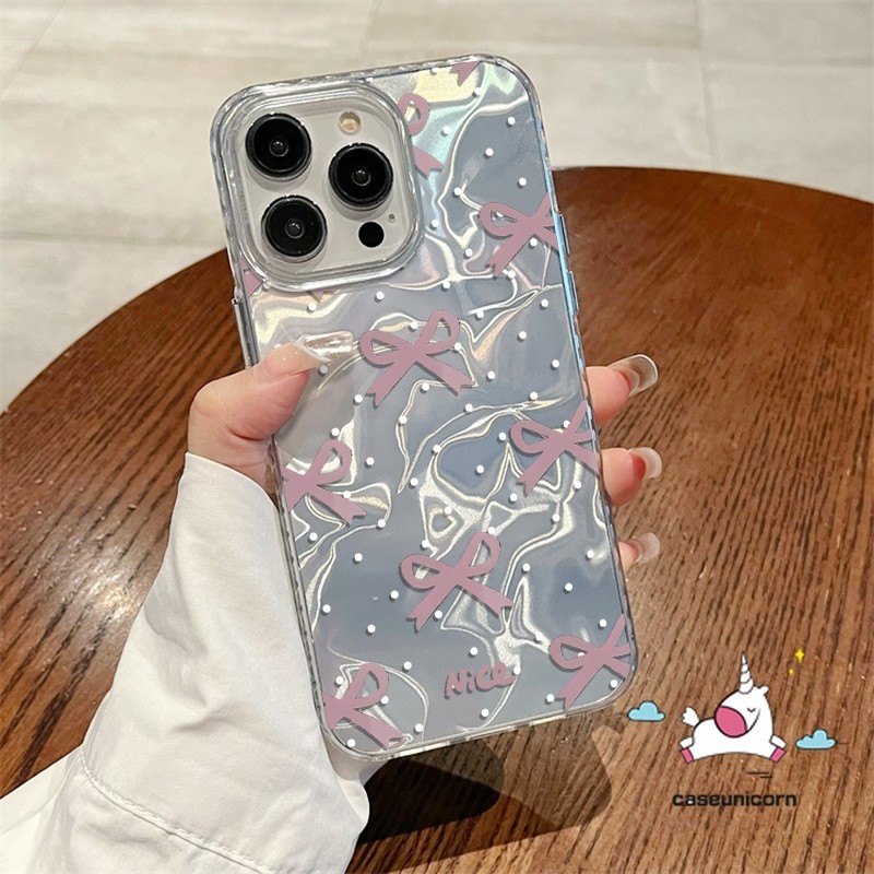 น่ารักโรแมนติกโบว์ดาวการ์ตูนbowknotสร้อยข้อมือสําหรับiphone 15 16 12 11 13 14 Pro MAX XR 7Plus XS MAX X 14 8 16 7 15 Plus SE 2020 Luxury Laser Wavesน้ํานุ่มกรณี