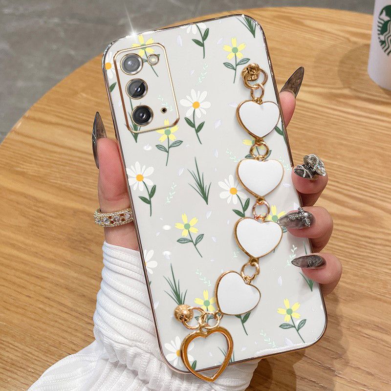 ปลอกสําหรับ Samsung Galaxy Note 20 Note 20 Ultra Note 10 Lite S10 Lite Note 8 9 10 Pro Note 10 Plus A81 A91 ดอกไม้ขนาดเล็กElectroplating Anti Dropเคสโทรศัพท์พร้อมสร้อยข้อมือรัก