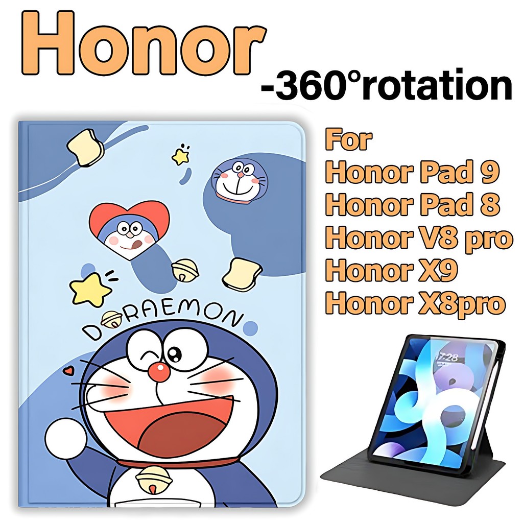 เคส Honor Pad 9 12.1นิ้ว / Honor Pad X9 11.5นิ้ว / ออเนอร์ แพด 8 Honor V8pro /Pad X8Pro 360°ซองหนังอะคริลิคแบบหมุน ผู้ถือปากกาด้านขวา Doraemon Honor Case