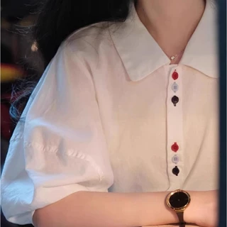 Dahong 💖 เสื้อเชิ้ตแขนสั้นพัฟสีขาวสำหรับผู้หญิง เสื้อเชิ้ตแขนสั้นสีขาวหวานแบบอเมริกันสำ เกาหลี W463