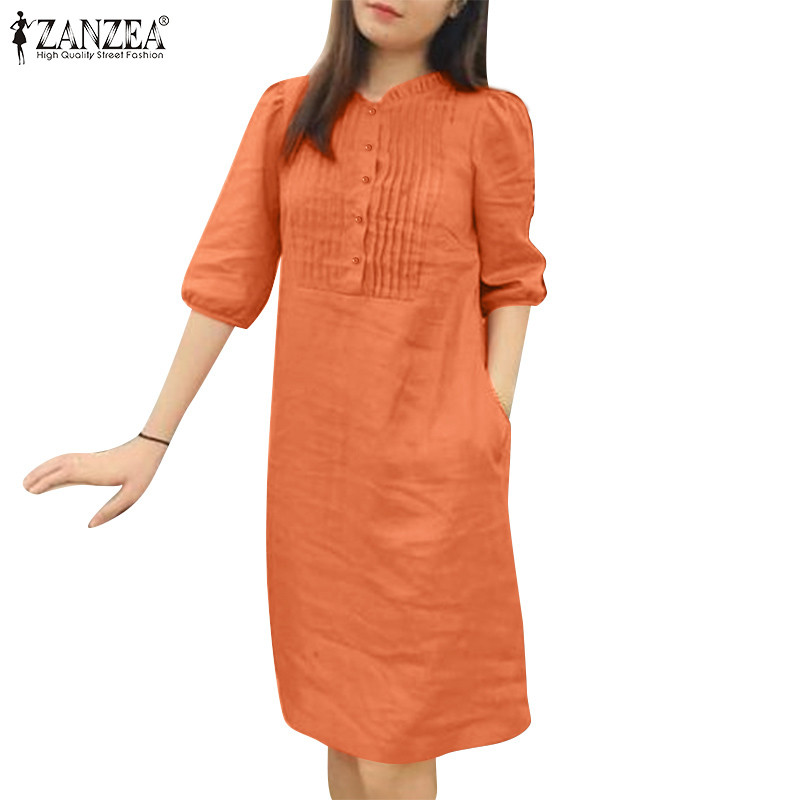 ZANZEA ซานเซีย ผู้หญิงเกาหลีสีทึบยืนปกลายกระเป๋าครึ่งแขนเดรส