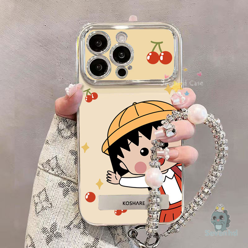 สําหรับ iPhone 11 16 15 14 13 12 Pro Xr X Xs Max 7 8 6 6s Plus Anime Cartoom สาวน่ารักเคสโทรศัพท์ + ผู้ถือ + โซ่หรูหราชุบคมชัดหน้าต่างกันกระแทกป้องกันปกหลัง
