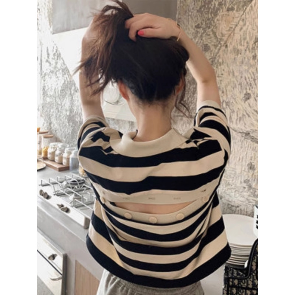 ส่งไวจากไทย TAYCEN M-2XL เสื้อครอป แขนสั้น ลายทาง เสื้อยืด เกาหลี ผู้หญิง เสื้อโปโล