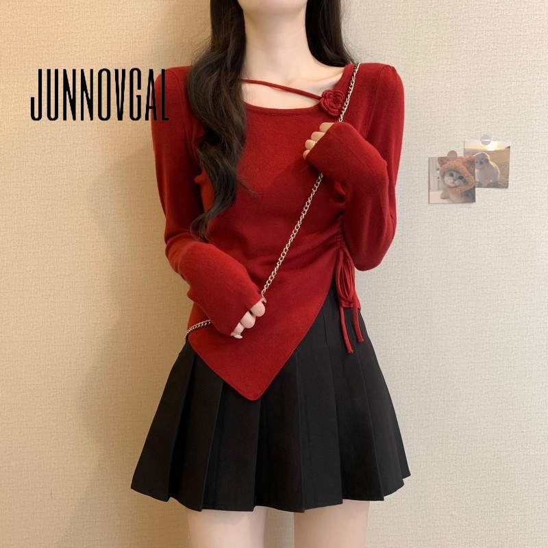 Junnovgal เสื้อยืดผู้หญิงถักไม่สม่ําเสมอ U-คอ Slim Fit 2024 สีทึบแขนยาว