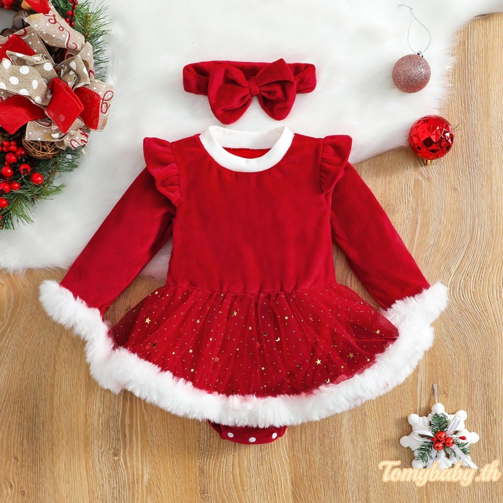 Tomybaby-2 ชิ้นเด็กทารกคริสต์มาส Plush Patchwork แขนยาว Romper + Hairband ชุด