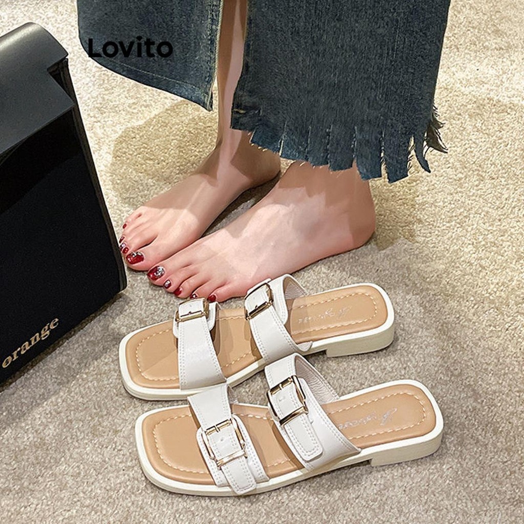 Lovito รองเท้าแตะส้นแบนผู้หญิง พื้นนุ่ม น้ำหนักเบา กันลื่น และระบายอากาศ แฟชั่นเกาหลี สีพื้น สไตล์ลำลอง LFA41550