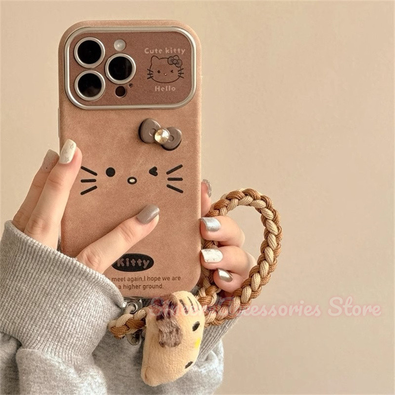 เข้ากันได้กับ iPhone 16 11 12 13 15 14 Por Max Pro น่ารักสีน้ําตาล HelloKitty lanyard Soft ฝาครอบป้องกัน