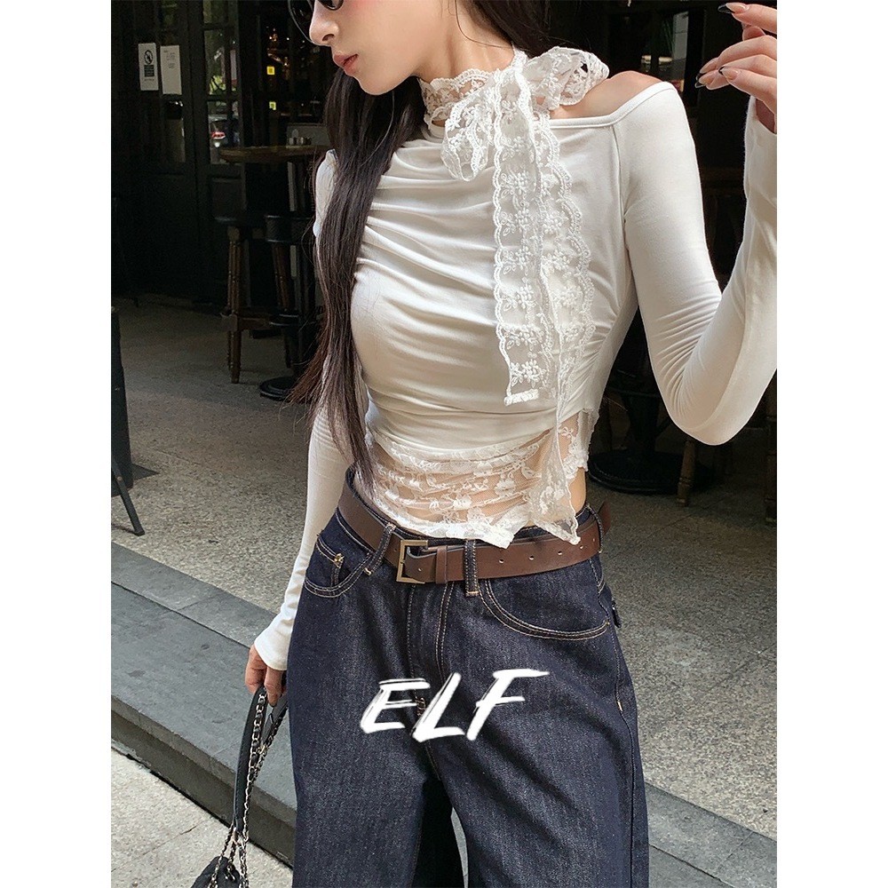 ELFwoo เสื้อยืดลูกไม้สีขาวสําหรับฤดูใบไม้ร่วงของผู้หญิงอารมณ์เซ็กซี่สลิมฟิตแน่นเสื้อแขนยาวอเนกประสงค