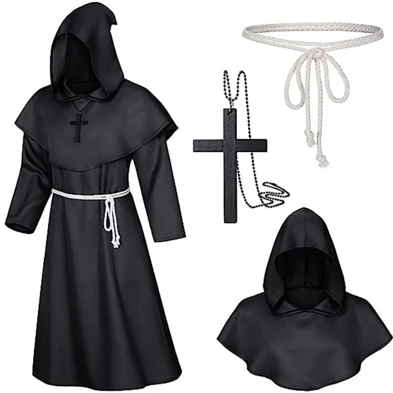 ฮาโลวีนตัวช่วยสร้างเครื่องแต่งกายคอสเพลย์ยุคกลางhooded Robeเครื่องแต่งกายพระภิกษุสงฆ์Far Robes