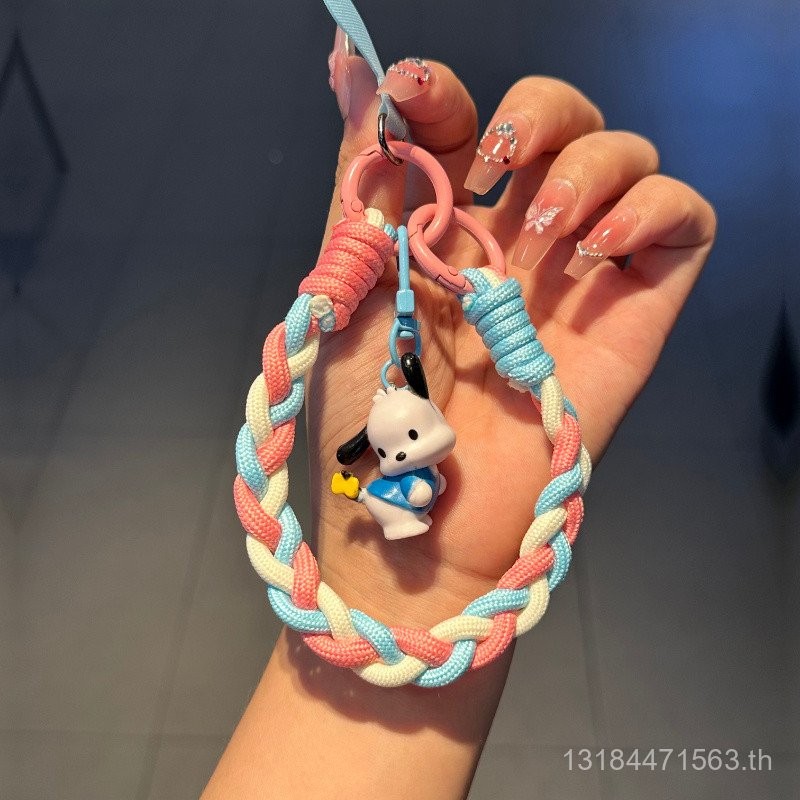 Naughty Pacha Dog เคสมือถือเชือกเส้นเล็กข้อมือถักแน่นสีตัดกันสร้างสรรค์การ์ตูนจี้ห่วงโซ่แขวนแบบพกพาป้องกันการสูญหาย
