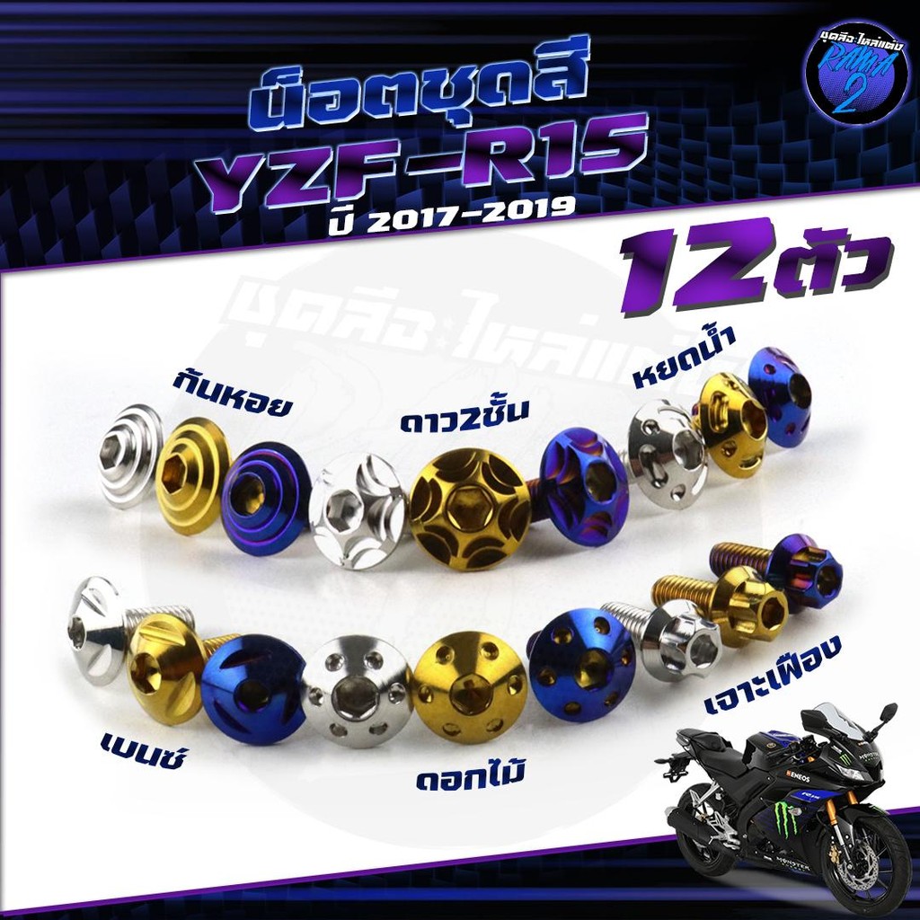 น็อตชุดสีR15 ปี2017-2019 น็อตชุดสีอาร์-15 น็อตR15 (1ชุด=12 ตัว) น็อตเฟรมR15 R-15 น๊อตR15 น็อสแตนเลส 