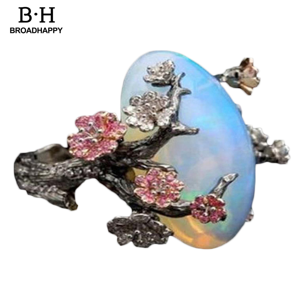 [BRO] Vintage Women Faux Opal Plum Blossom Flower Two Tone Finger Ring Jewelry Gift