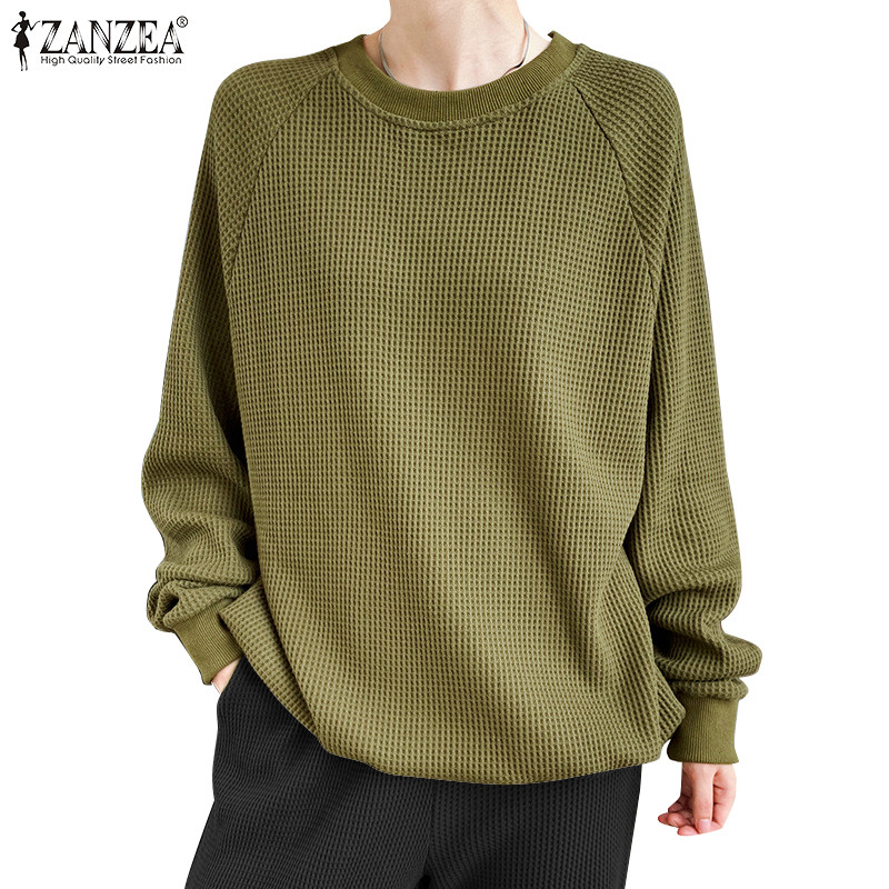Zanzea ผู้หญิงเกาหลีลําลองคอกลม Raglan Sleeve เสื้อวาฟเฟิลหลวม