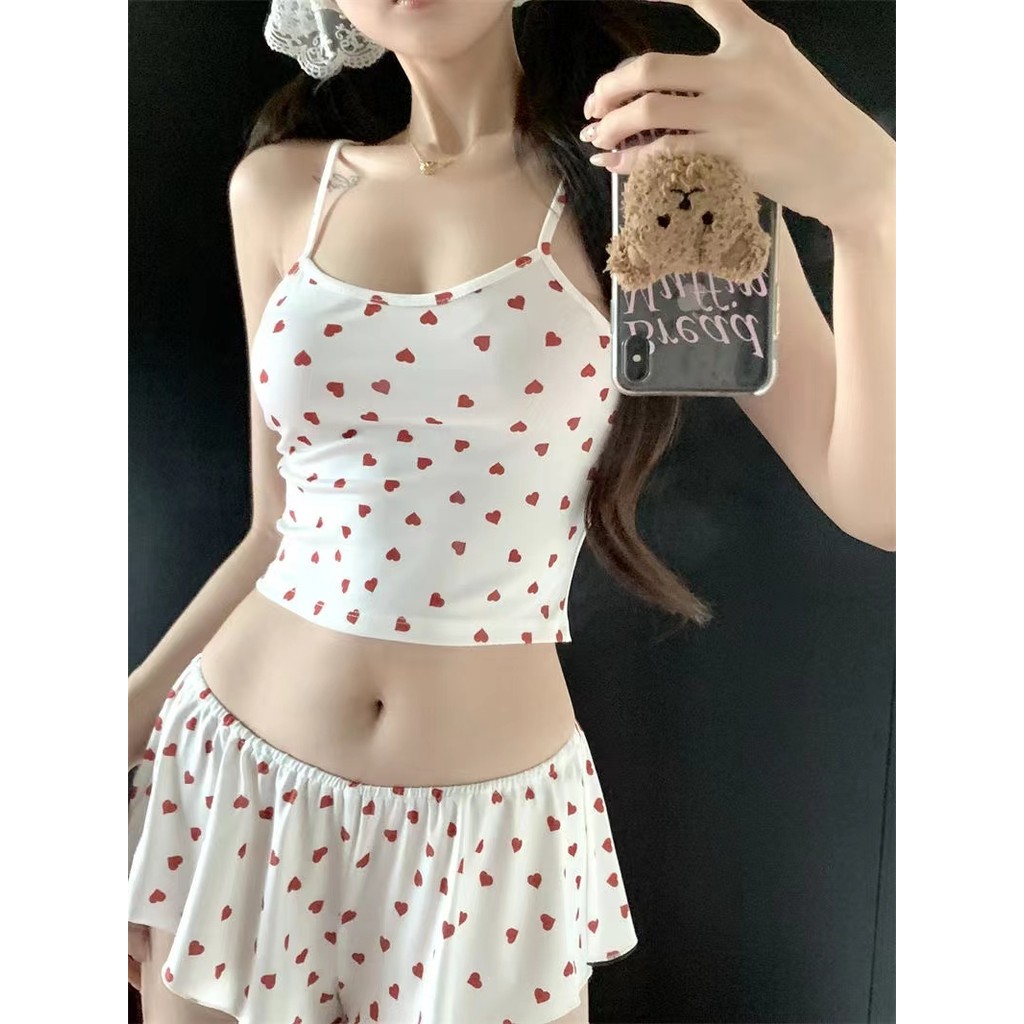 พิมพ์ Camisole น่ารักเสื้อกั๊กกางเกงขาสั้นชุดนอนชุดผู้หญิงฤดูร้อน Loungewear รุ่นคุณภาพสูง
