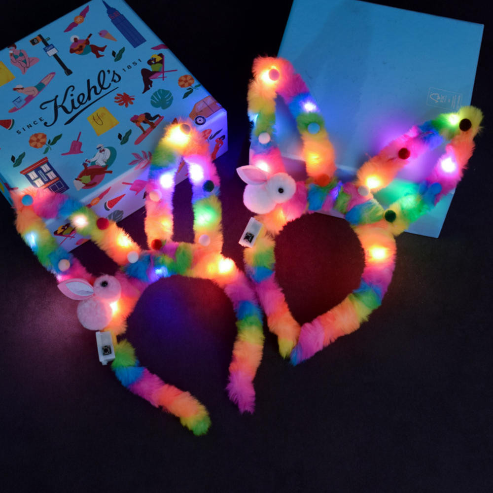 14 โคมไฟ LED กระพริบสีสัน String โคมไฟ Luminous Hairband ยาวกระต่ายหูแถบคาดศีรษะวันเกิดคริสต์มาสอีสเตอร์ Fluffy Hoop