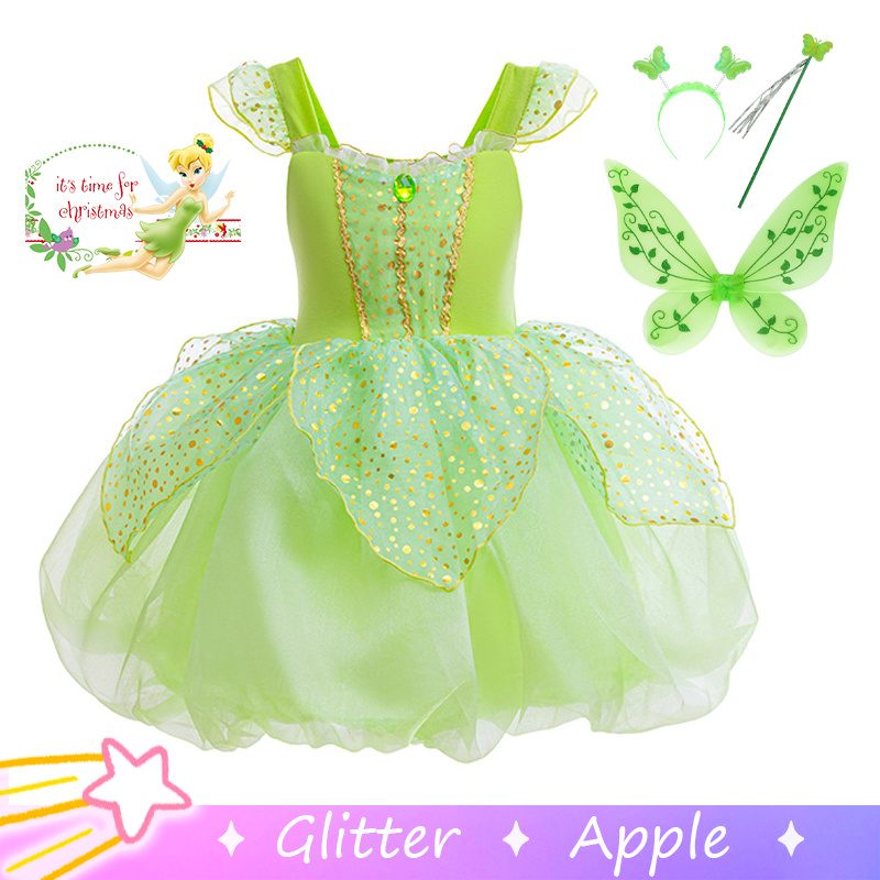 Peter Pan Tinkerbell ชุดสีเขียวสําหรับเด็กสาวคอสเพลย์เครื่องแต่งกายฮาโลวีนคริสต์มาสชุดเจ้าหญิงสําหรั
