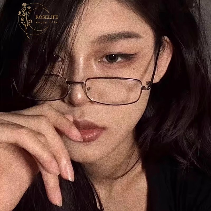 Roselife Cool Unisex แคบสี่เหลี่ยมผืนผ้ากรอบแว่นตาโลหะสําหรับผู้ชายผู้หญิงคลาสสิก Professor แว่นตาความงามแว่นตา