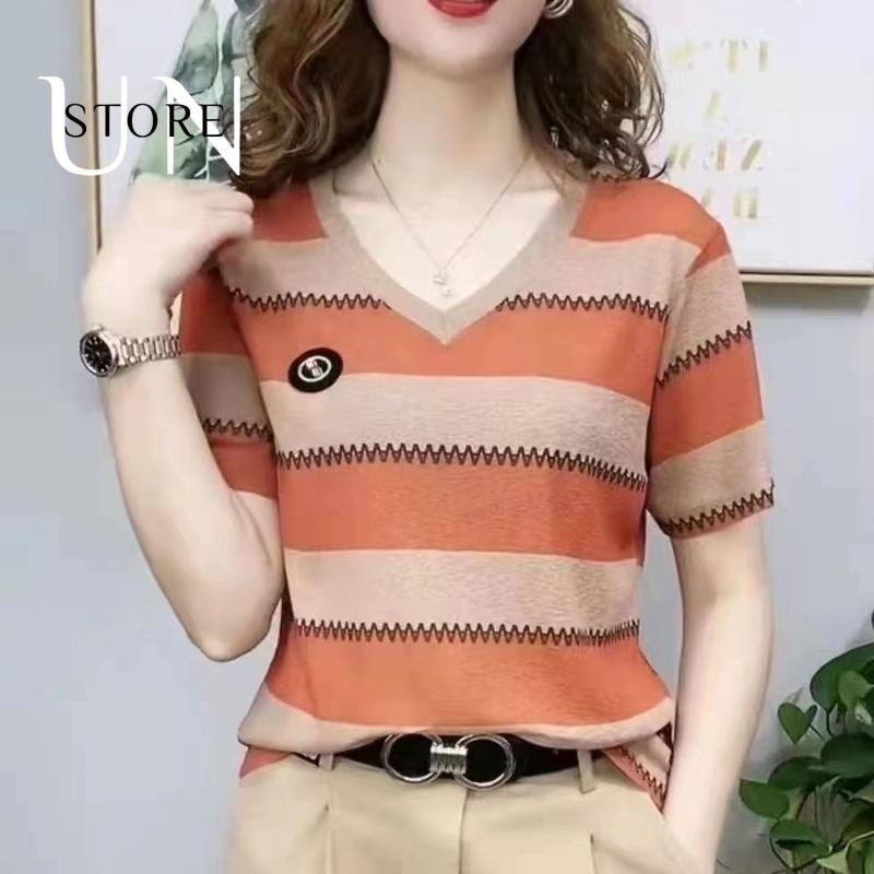 เสื้อเชิ้ตแขนสั้นลายทางของผู้หญิงเสื้อยืดคอวีลำลองแฟชั่นใหม่เสื้อผ้าหลวมอเนกประสงค์