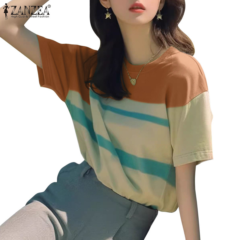 ZANZEA ใส่ ซานเซีย ผู้หญิงแฟชั่นเกาหลีคอกลมแขนสั้นไล่โทนสีพิมพ์เสื้อยืด