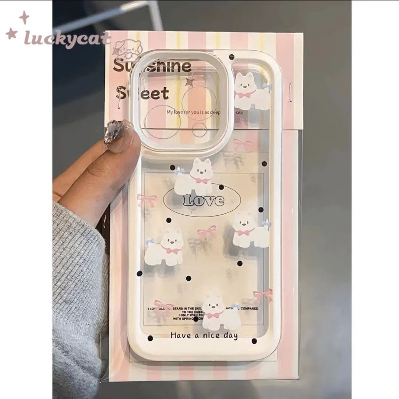 Iphone 16 15 14 13 12 11 Pro Max X XR XS Max 7 8 Plus SE2020 เคสโทรศัพท์จุดสีดําสดน่ารักโบว์สีชมพู Mini White Puppy Clear Soft Cover