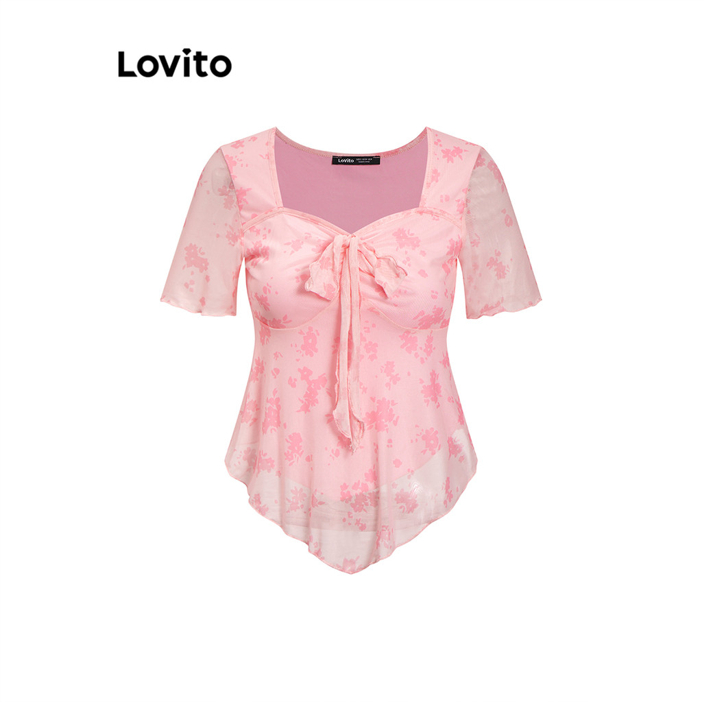 Lovito เสื้อยืดตาข่ายลายดอกไม้ ลายเดซี่น่ารักน่ารักสำหรับผู้หญิง L106AD402