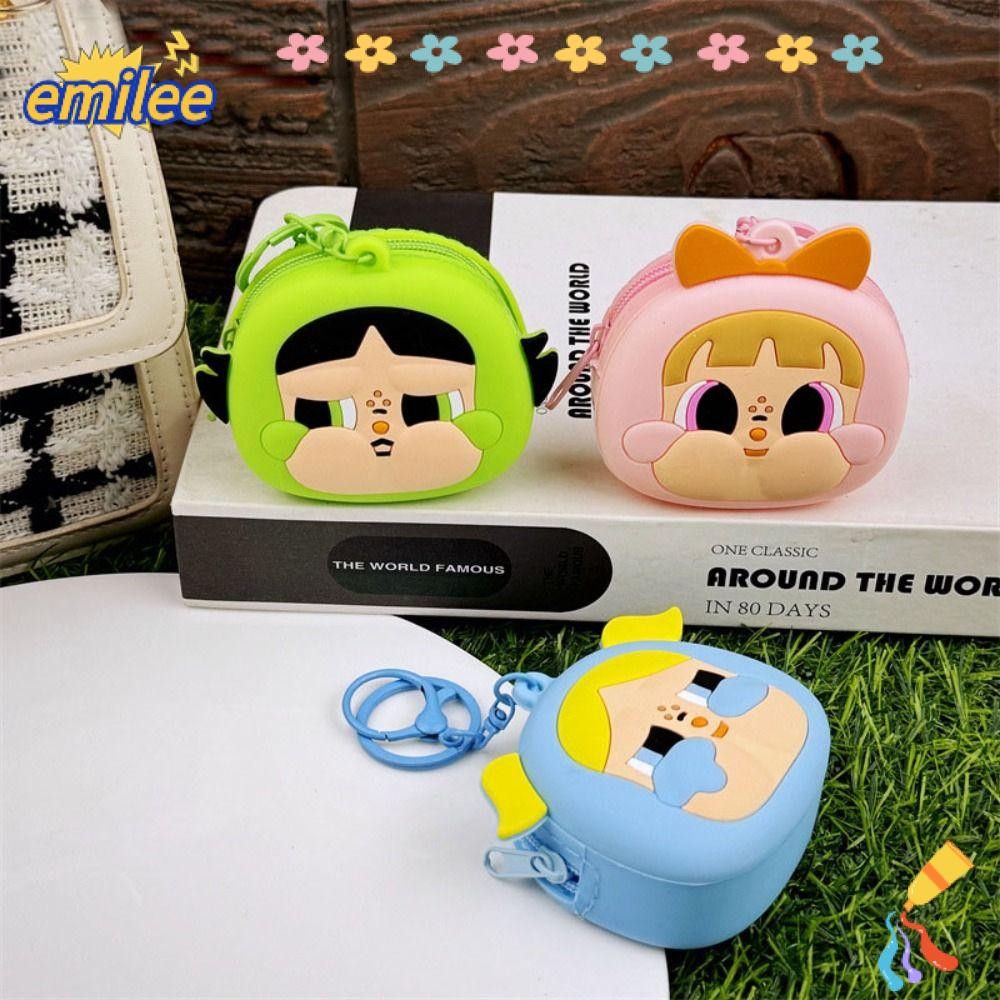 Emilee กระเป๋าซิลิโคน,กระเป๋าสตางค์พวงกุญแจการ์ตูน Powerpuff Girls, Creative POP MART กระเป๋าถือน่ารัก
