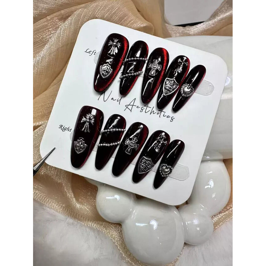 100% handmade เล็บประดิษฐ์ R Dark Red Chrome Heart Nail Art โลหะ CROSS Punk สไตล์เล็บ Art phototpy เล็บปลอม Patch กดบนเล็บ reusable พร้อมกาวฟรี