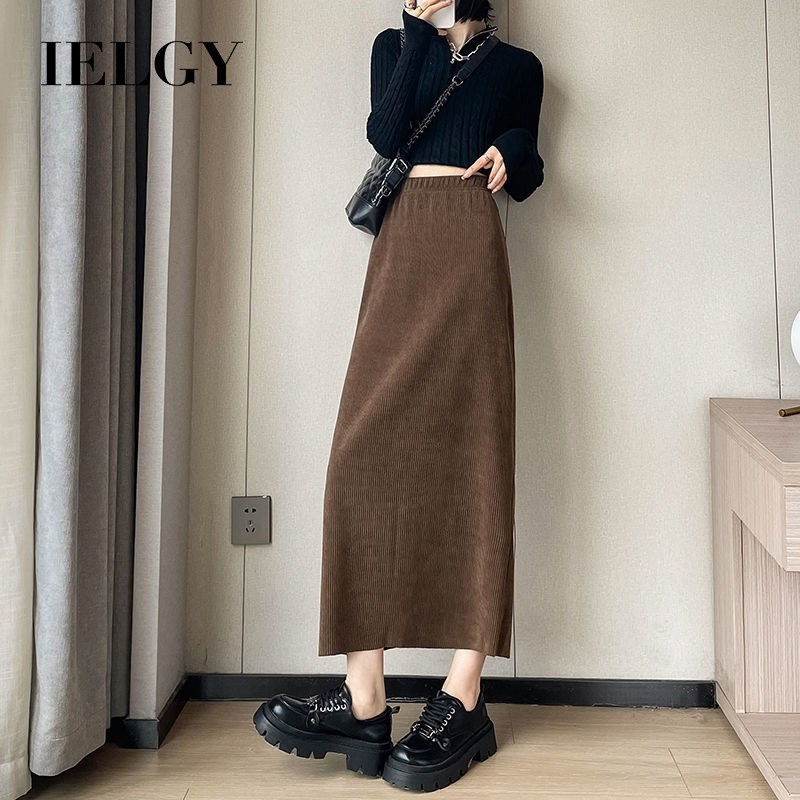 IELGY ฤดูใบไม้ร่วงและฤดูหนาวเอวสูงกระโปรงสะโพกผู้หญิงผ้าลูกฟูกกรีดกระโปรงยาวกลาง