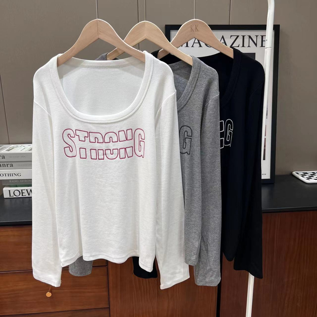 เสื้อยืดโอเวอร์ไซส์(40-150กิโลกรัม) ฤดูใบไม้ร่วงผู้หญิงแขนยาวท็อปส์จดหมายพิมพ์ขนาดบวกแฟชั่นเสื้อยืด