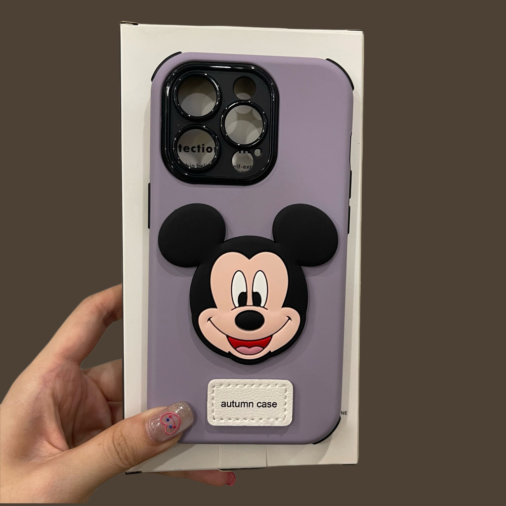 Catone เคสหนังมิกกี้สเตอริโอสีทึบสําหรับ iPhone16 15 14 13 12 11 Pro Max กันกระแทกกล้องป้องกันการตกฝาหลังแข็ง