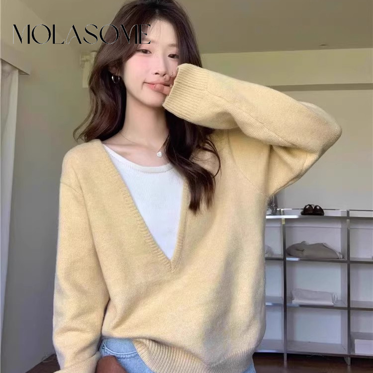 โมลาโซเมะ ผู้หญิง2024แฟชั่นใหม่สีคมชัดคอกลมแขนยาวทุกการแข่งขันเสื้อกันหนาว