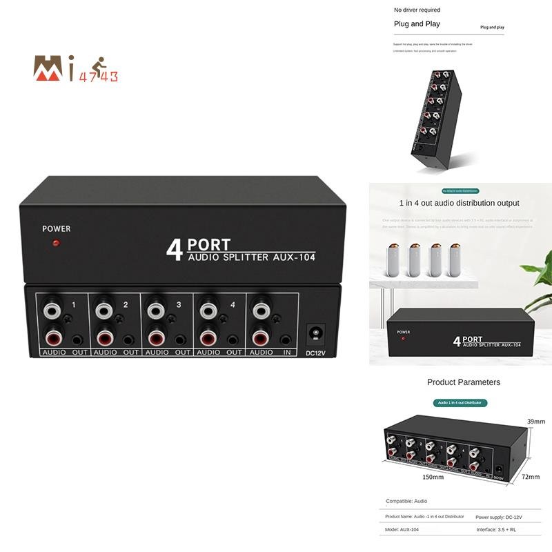 Mi4743Audio Splitter 1 in 4 Out RCA L/R Aux Stereo Audio Splitter 1X4 Audio จําหน่ายสําหรับ PC DVD ลําโพง Splitte