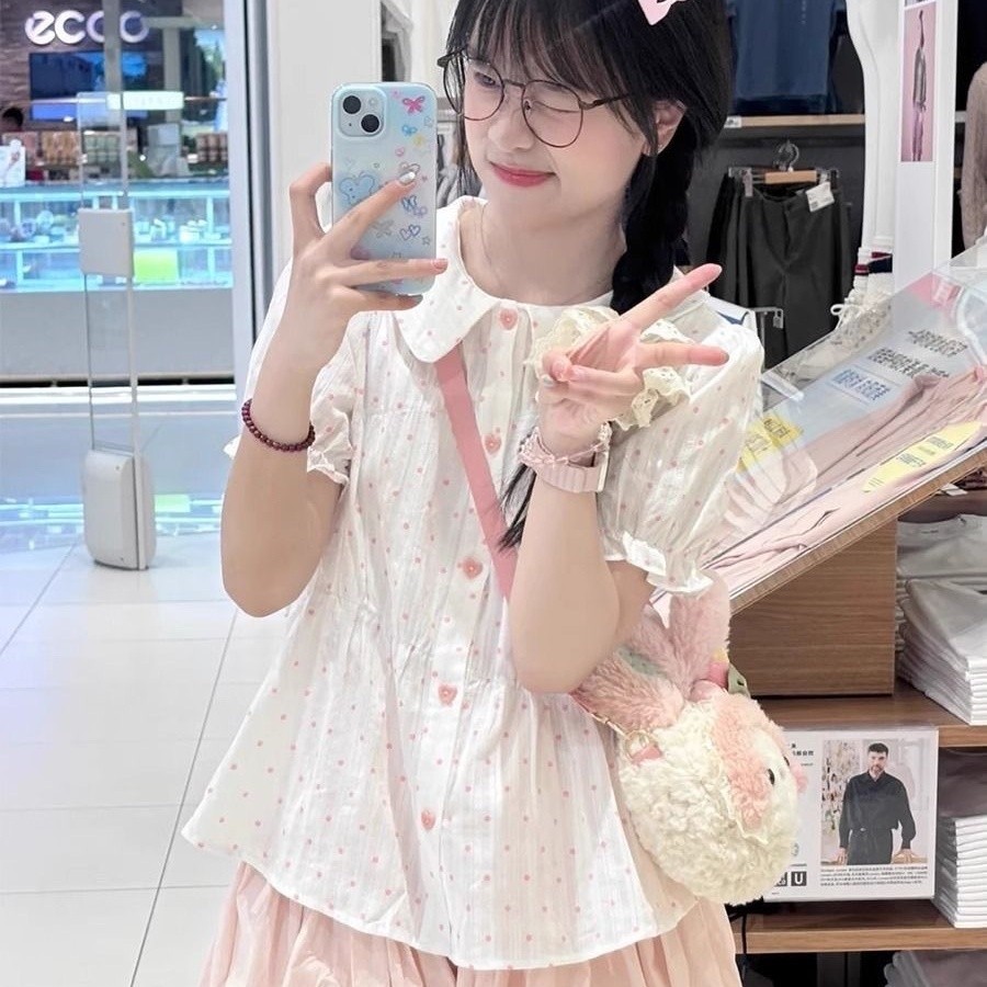 เสื้อคอบัว เสื้อโค้ทแขนสั้นสำหรับผู้หญิง สีชมพู กับดีไซน์พัฟแขนและคอปก