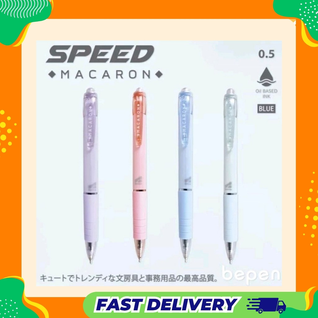 ปากกาลูกลื่น สีพาสเทล จากแบรนด์ Be Pen Speed MACARON Series หมึกน้ำเงิน ขนาด 0.5mm.