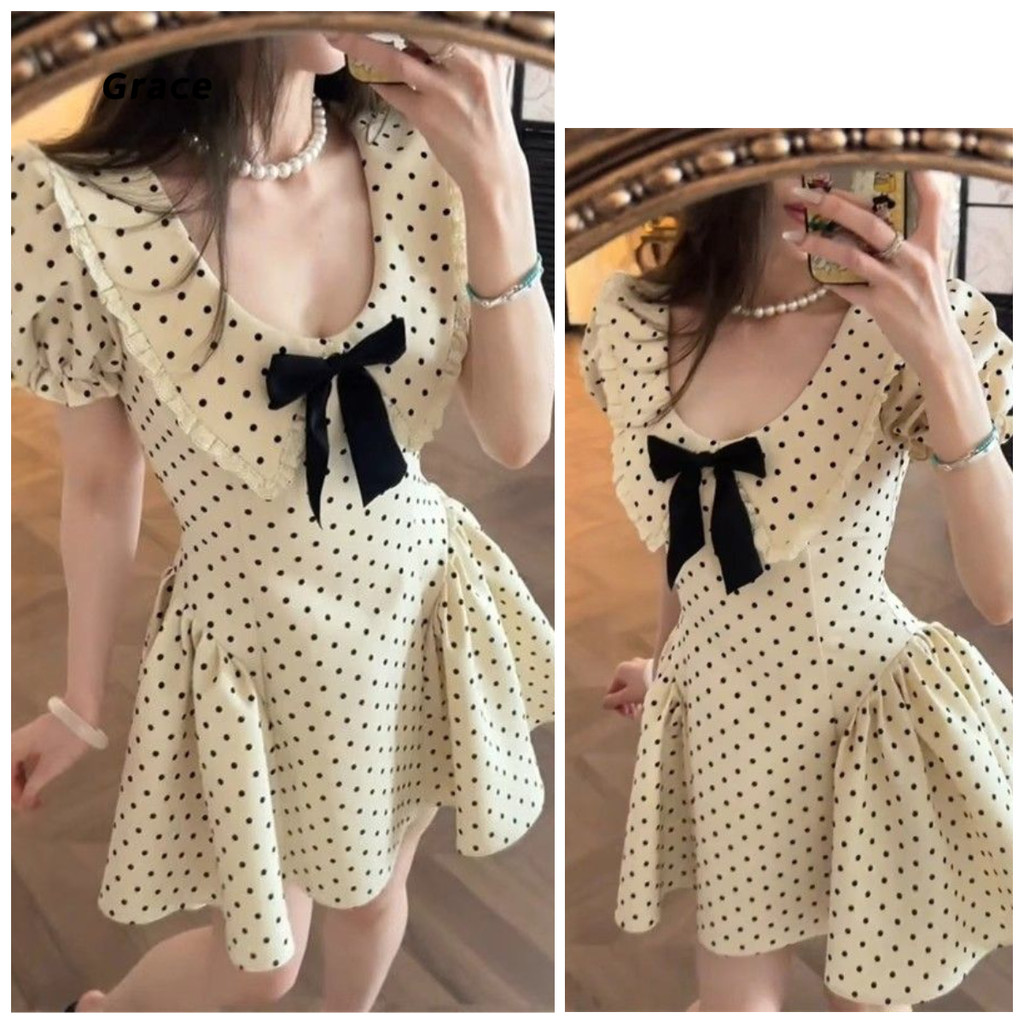 [Grace] ชุดเดรสแขนสั้นโบว์ผู้หญิง สไตล์ใหม่เอวแคบ Slimmer กระโปรง A-Line GR2855