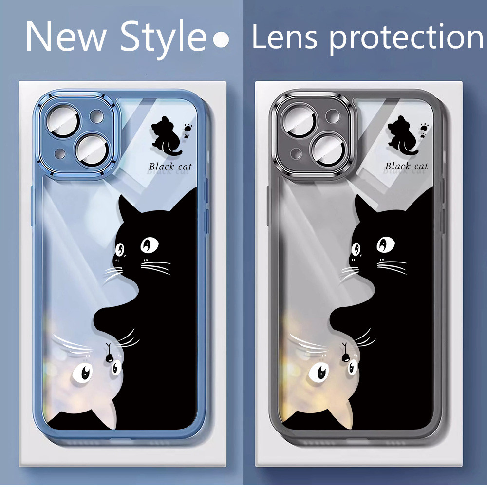 สีดําสีขาวแมวสําหรับRedmi Note11 11pro 11tpro 12 12pro 12 TurboปลอกUltraบางใสนุ่มเคสโทรศัพท์พร้อมเลน