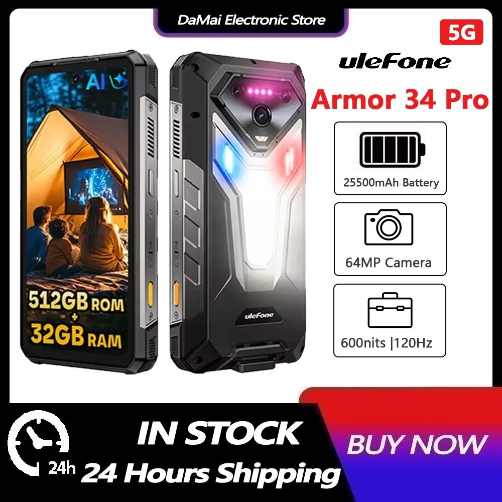 Ulefone Armor 34 Pro 5G AI สมาร์ทโฟน 6.95 นิ้ว 120Hz 32GB + 512GB โทรศัพท์มือถือในตัวโปรเจคเตอร์ 255